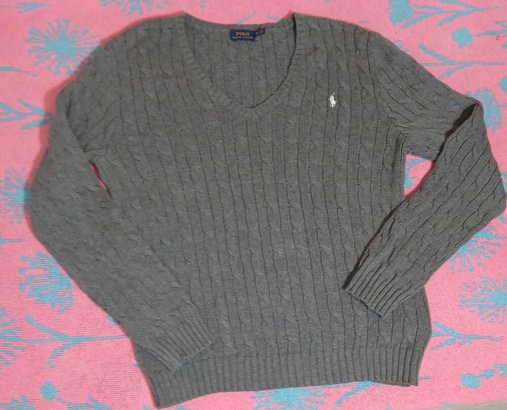 Polo ralph lauren womens xl gray cable knit sweater 100% cotton chunky